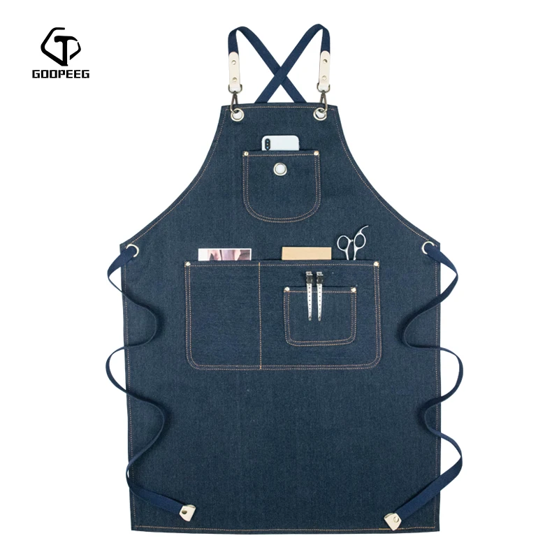 GOOPEEG fashion denim apron men and women work clothes custom barista milk tea barber shop draw LOGO | Дом и сад