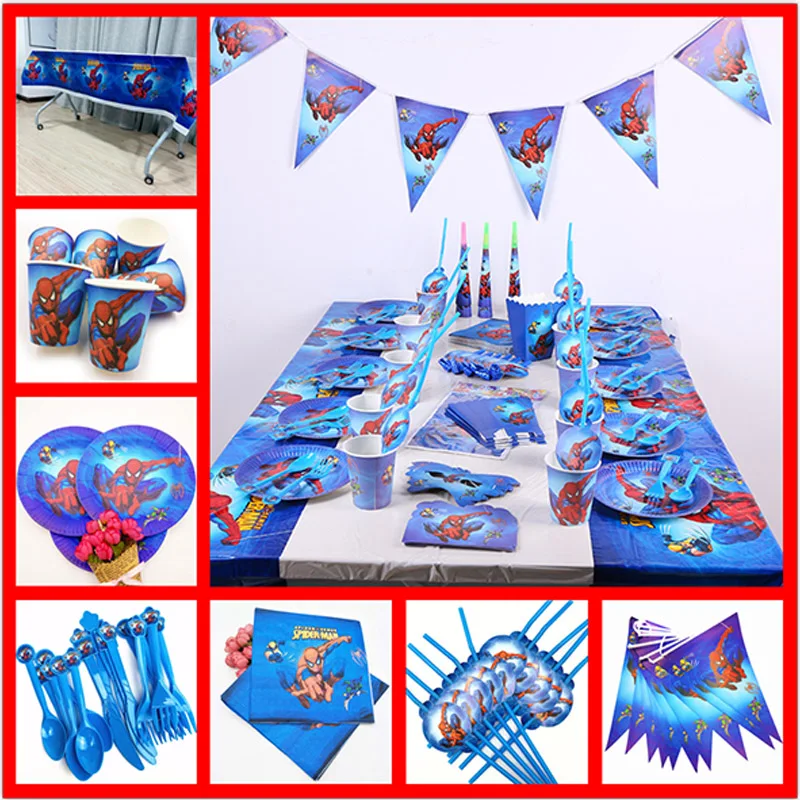 82 шт. скатерть Человек паук супергерой соломинки тарелки салфетки вилка ложка