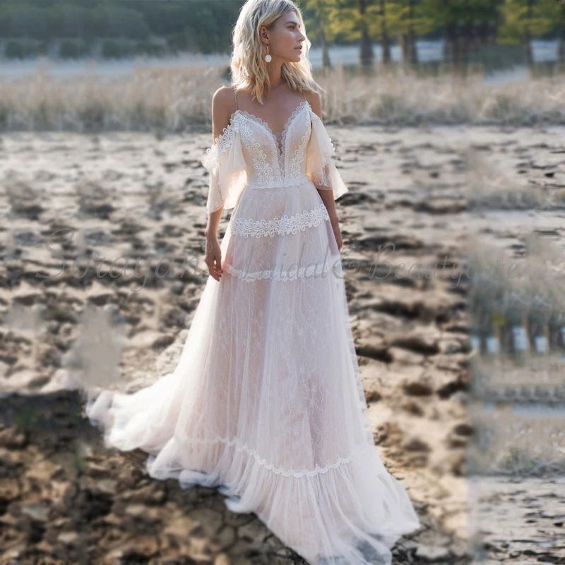 Женское свадебное платье с V образным вырезом кружевное ТРАПЕЦИЕВИДНОЕ ПЛАТЬЕ из