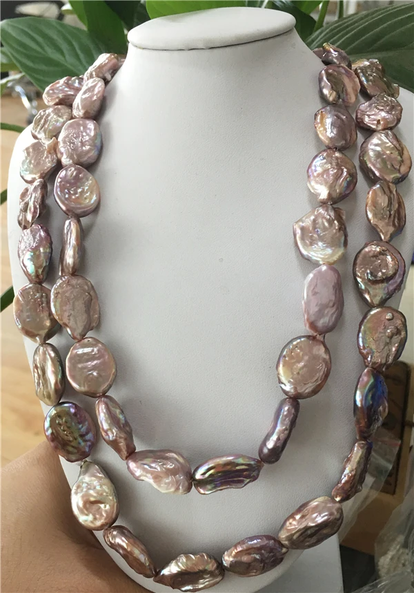 

HABITOO Genuine 14-16mm Natural Purple Coin Baroque Cultured Freshwater Pearl Necklace Long 36 Inch for Women Jewelry Party Gift