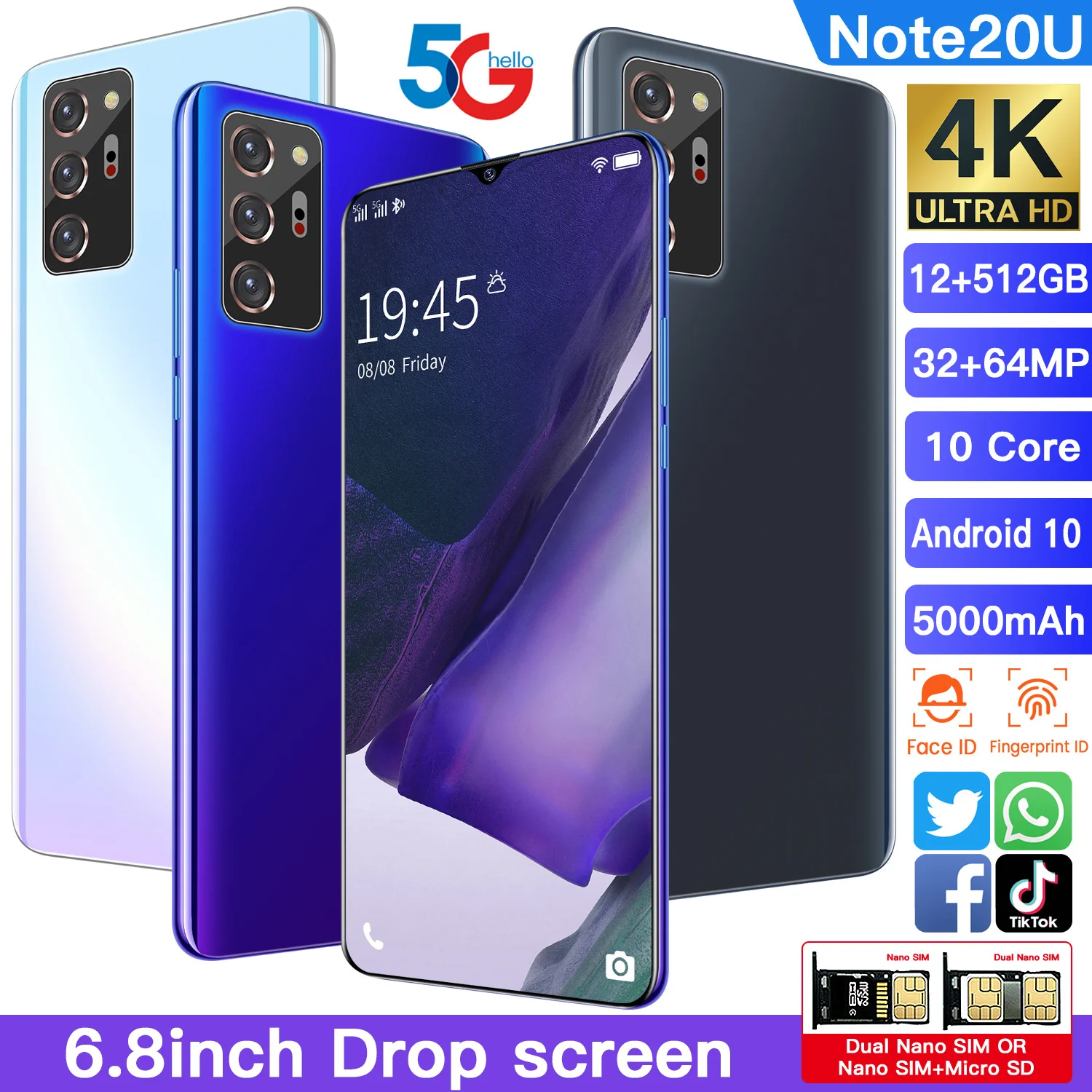

Smartphone Note20U Global Version 6.8-inch 5000mAh 12GB + 512GB HD + Water Drop Screen Fingerprint Face Unlock 5G Mobile Phone