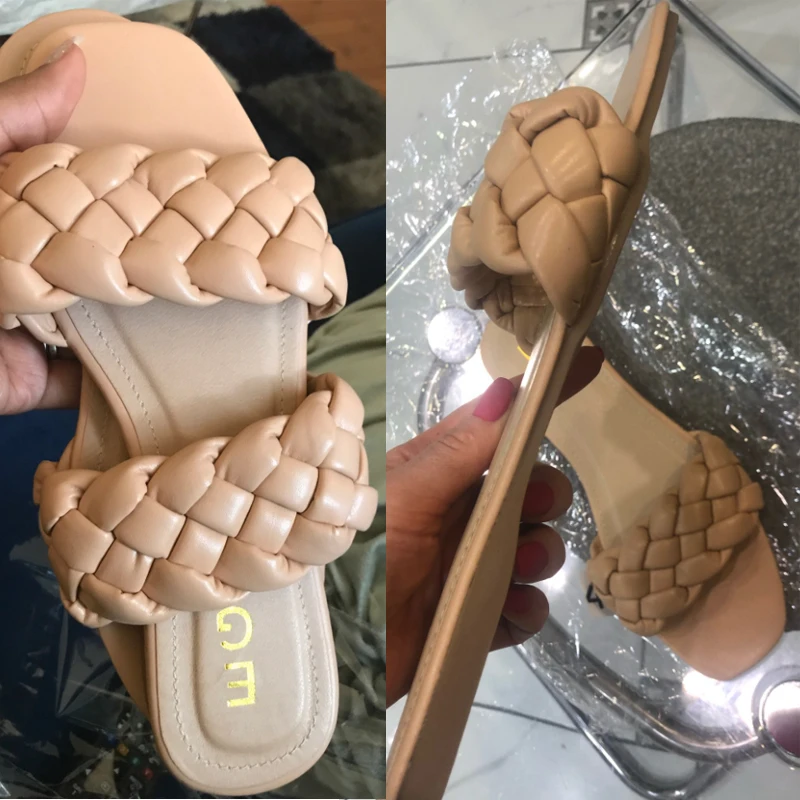 

2021 Fashion Flat Slippers Women Weave Slides Sandal Ladies Outdoor Beach Lady Shoes Woman Home Slippers Female Flip Flops