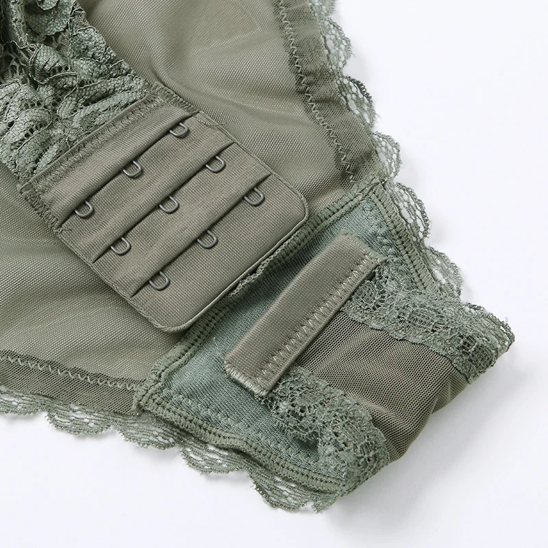 

Body Women Sexy Lingerie Push Up Bodysuit Padded Cup Underwire Floral Pattern Army Green Bra and Brief Set High Cut Underwear