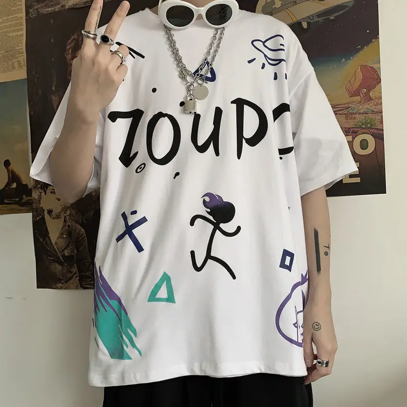 

Summer short-sleeved T-shirt Korean version of loose letters graffiti printing hip-hop large size ins men's t-shirt