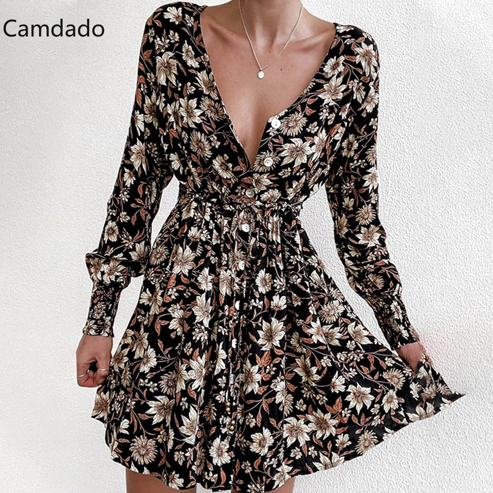 

Women Sexy Floral Bandage Dress Autumn Boho V-neck Vintage Pleated Buttons Long Sleeve Party Dress Casual Temperament 2021