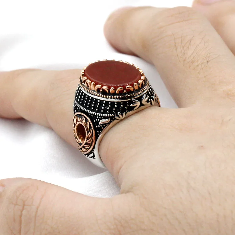 

Natural Agate Men Ring 925 Sterling Silver Oval Red Stone & Black Zircon Rings Victory Turkish Handmade Jewelry for Men Women