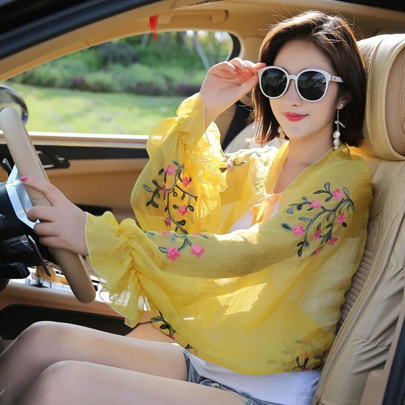 

Chiffon Embroidered Flowers Sunscreen Shawl Long Flared Sleeves Driving Outdoor Shawl-small Plum 7 Colors / Free Size