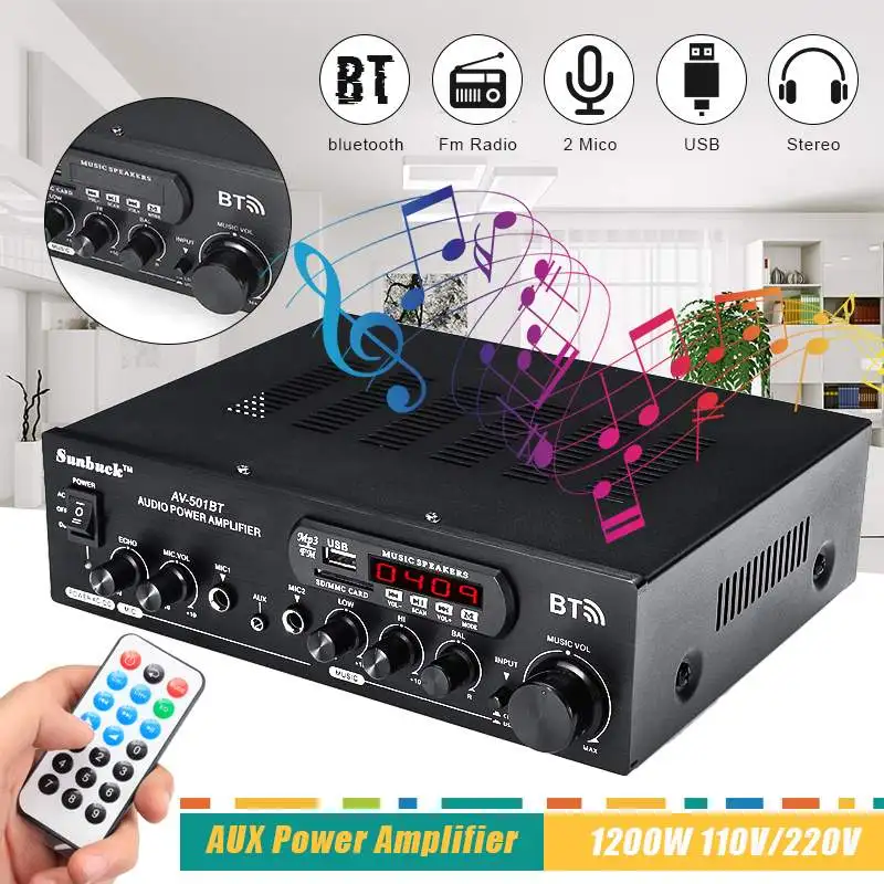 

1200W bluetooth Audio Power Amplifier 110V-220V DC 12V AUX Input Remote Control 2.0 HiFi Stereo Digital AMP 2x Mic input USB SD
