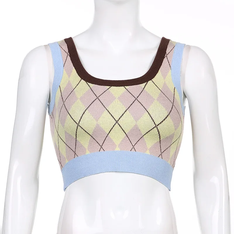 

ALLNeon 2000s Fashion Patchwork Argyle Plaid Sweater Vests Y2K Streetwear Square Collar Sleeveless Knitted Crop Tops Cute Tanks