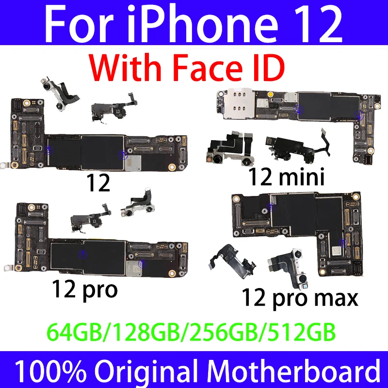 

Original For iPhone 12/12Pro/12Pro Max Motherboard With Face ID Unlocked Logic Board Free iCloud Mainboard iphone12 mini Full
