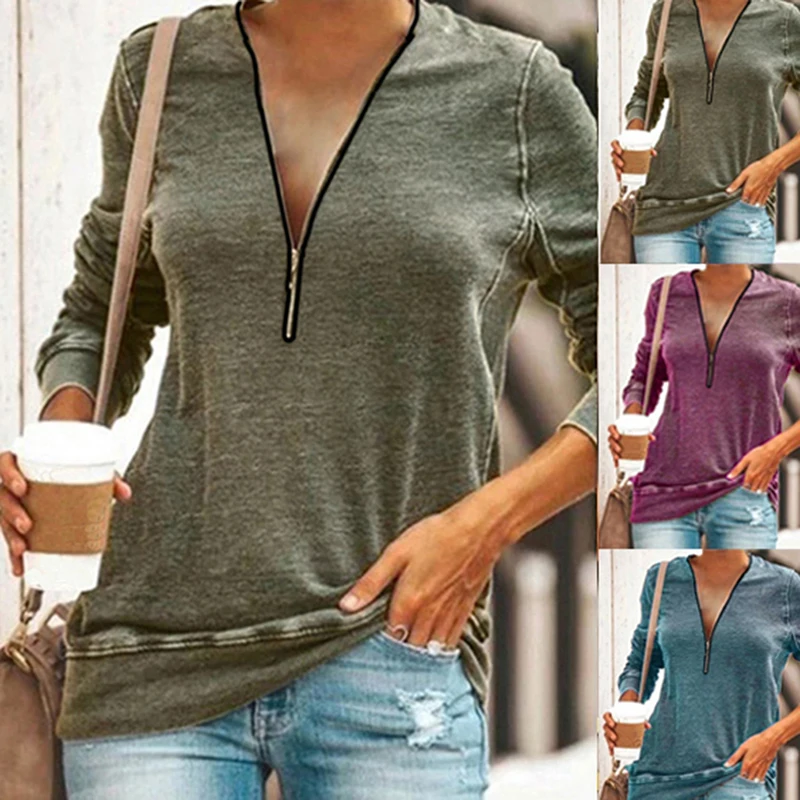 Европейская Новая модная женская футболка на молнии с v образным вырезом