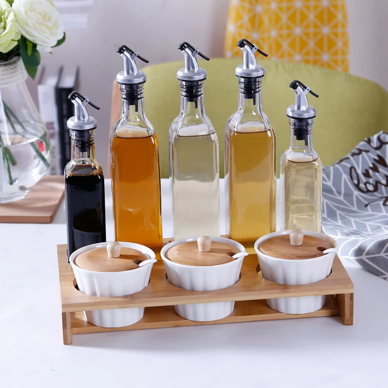 Бак для кухонных приправ Бамбуковая деревянная рама набор бутылок масла