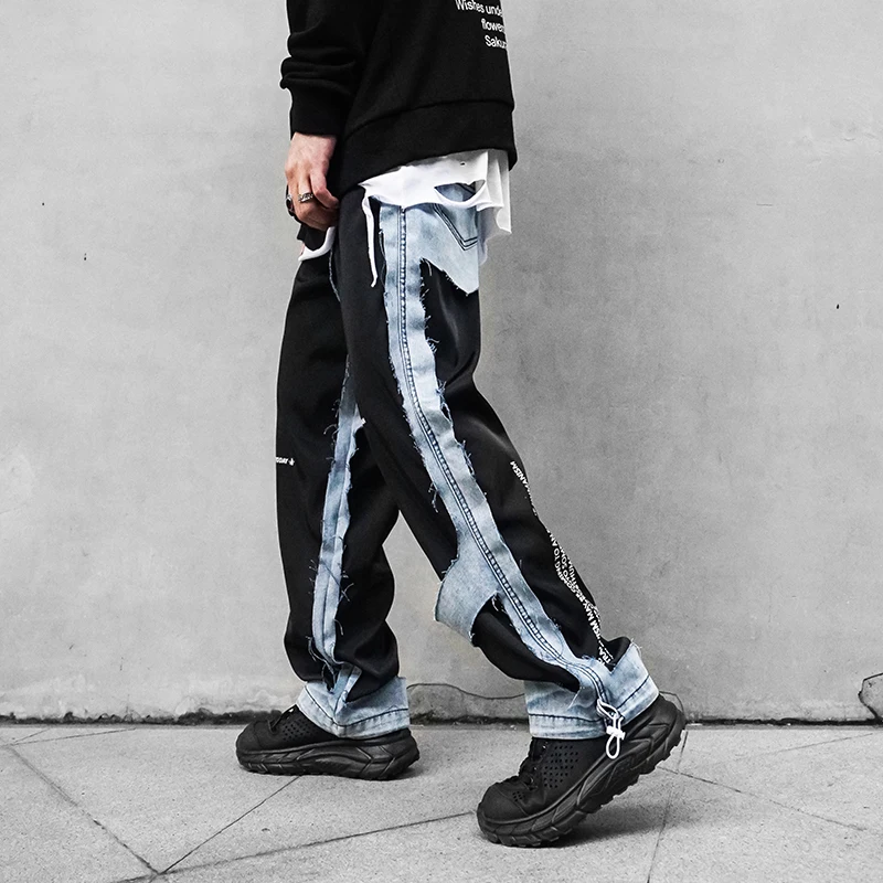 Рваные джинсы Лоскутные хип хоп свободные длинные прямые брюки мужские новые