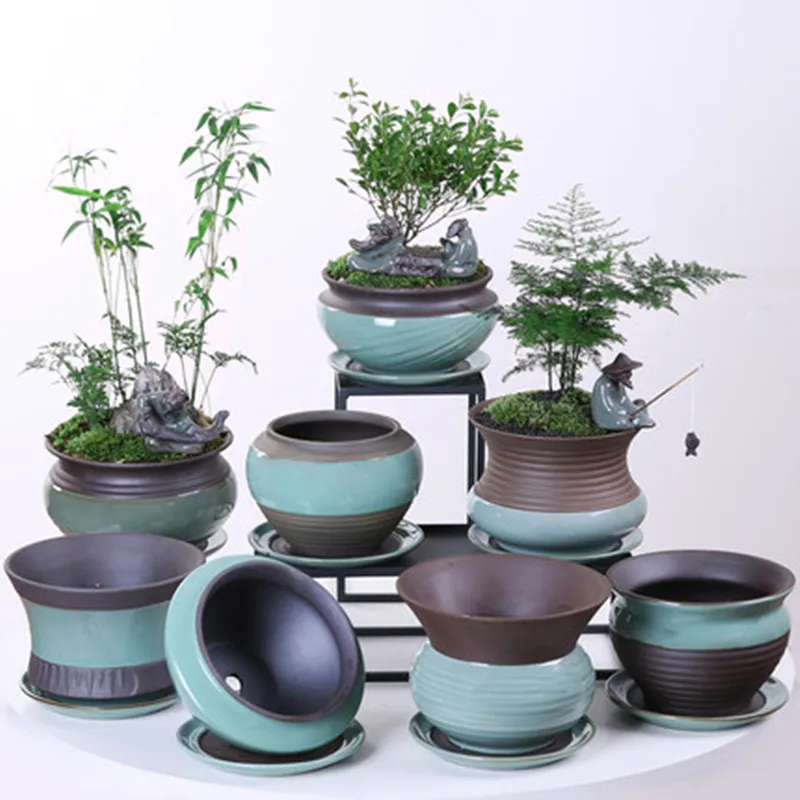 Succulent Small Landscape Ceramic Flowerpot With Tray Flower Pot Creative Simple Sky Green Plant Orchid Indoor Decoration | Дом и сад