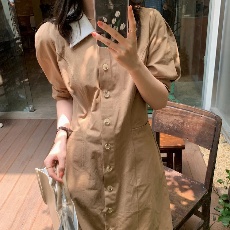 

Summer Korean Single Breasted Dress Women Puff Sleeve Turn-down Collar Midi Dresses Korean Vintage Color-blocked Vestidos 2021