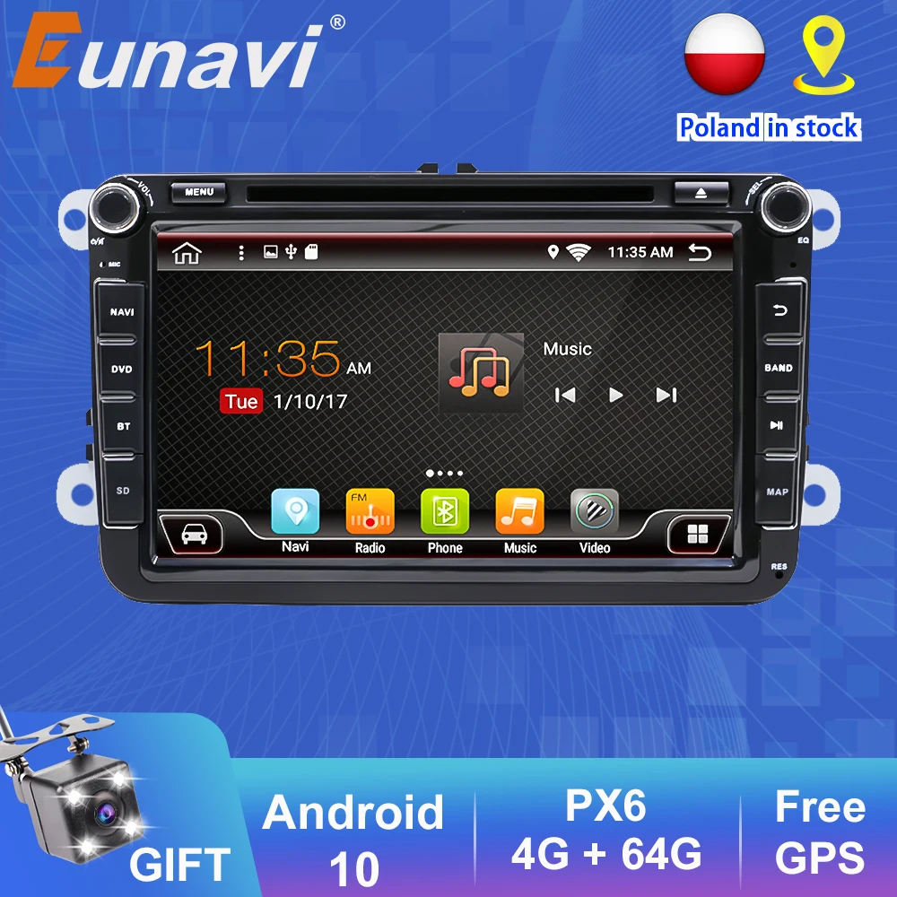 Eunavi 2Din Android10 Car DVD Player GPS For VW Passat CC Polo GOLF 5 6 Touran EOS T5 Sharan Jetta volkswagen Tiguan Auto Radio
