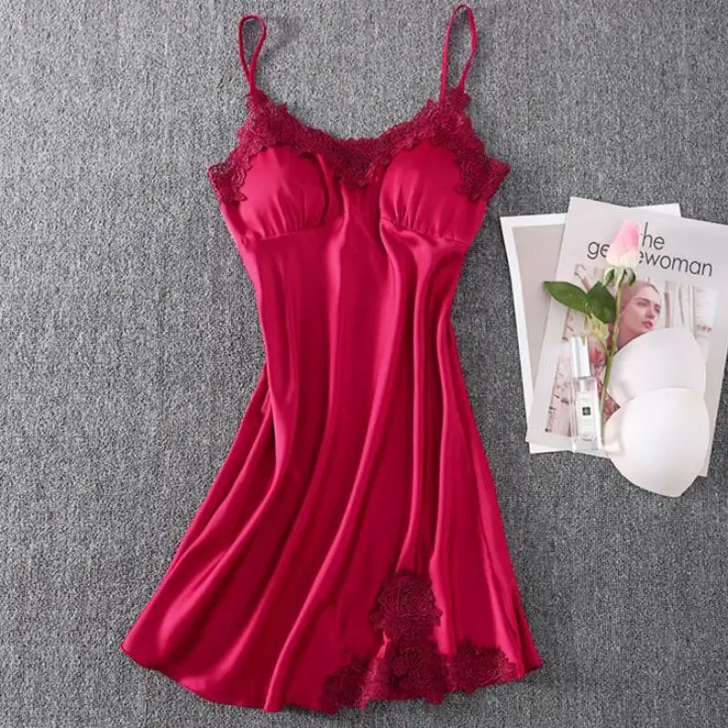 

Lady Satin Nightwear Sexy Lace Patchwork Sleepwear Nightdress Casual Spaghetti Strap Nightgown Silky Intimate Lingerie Bathrobe