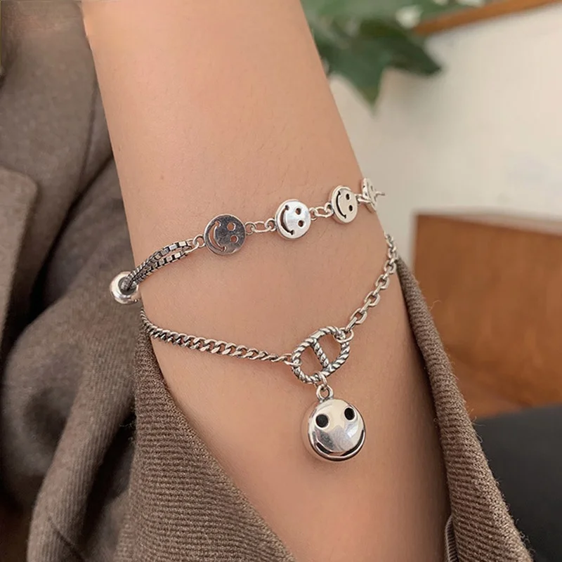 

925 Sterling Silver Smiley Face Bracelet Fine Jewelry for Women Couples INS Fashion Elegant Party Accessories Gifts