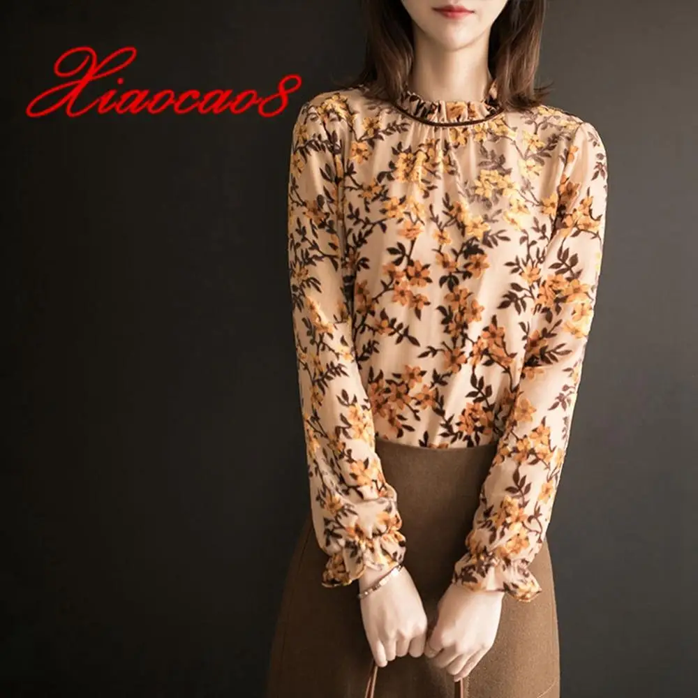 

Женские шифоновые блузки с принтом, элегантные блузки с оборками и длинным рукавом, топы, женская одежда большого размера, осень 2020