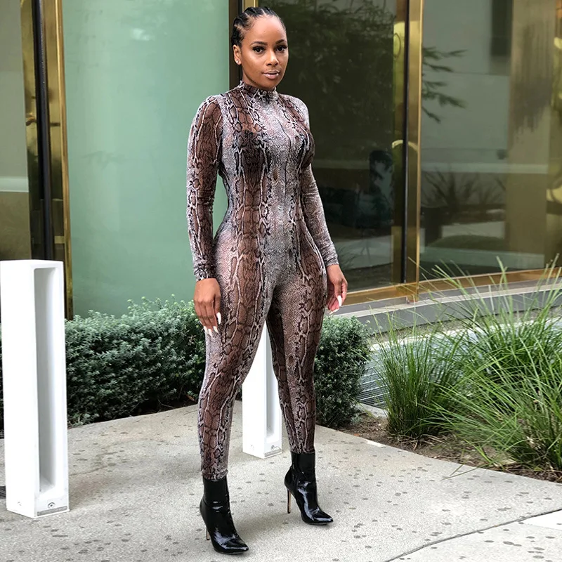 Snake Skin Леопардовый змеиный принт, сексуальный цельный комбинезон для женщин, Облегающий комбинезон с длинным рукавом, винтажный прозрачный сетчатый просвечивающий комбинезон - Цвет: Snake Skin