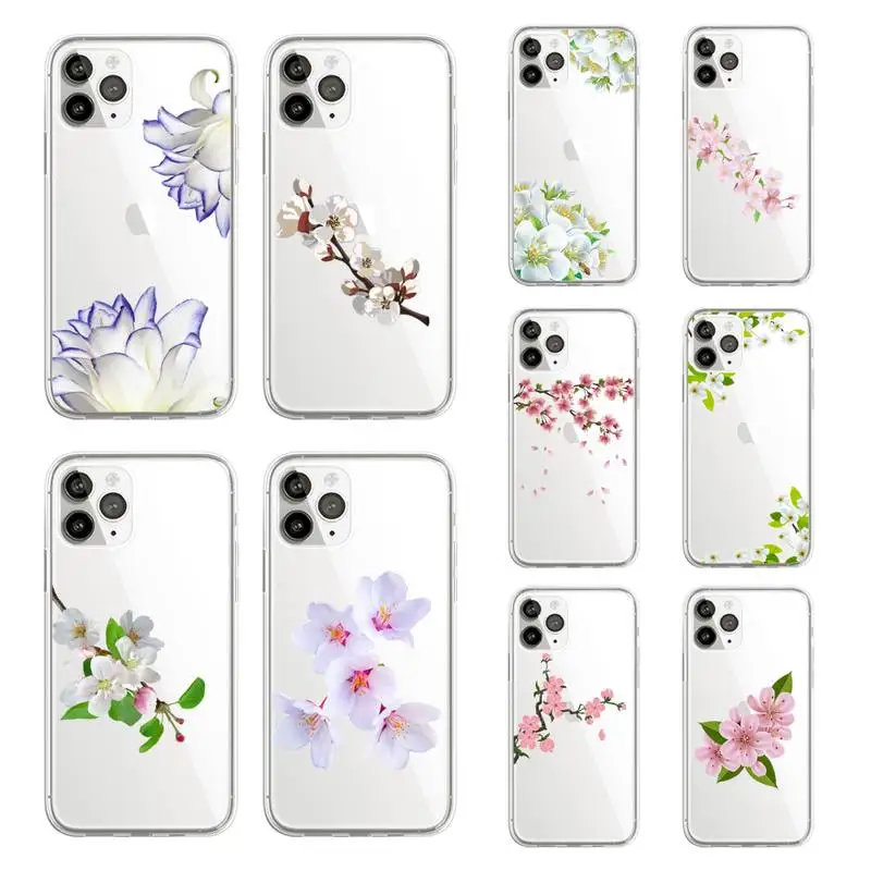 

Pink cherry blossom Colorful flowers Phone Case Transparent soft For iphone 12 11 13 7 8 6 s plus x xs xr pro max mini