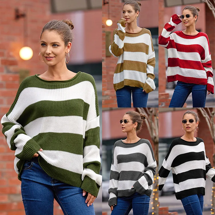 

2020 New Fashion Women's Sweater Women's Loose Sweater Round Neck Long-sleeved Striped Color Matching Knitting Sweater For Women