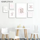 Настенный плакат для детской комнаты, минималистичный рисунок кролика, Луны, розовая мультяшная живопись, декор детской комнаты в скандинавском стиле