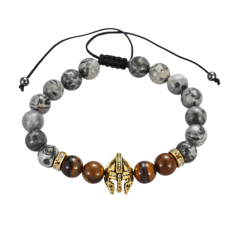 

Roman Knight Spartan Warrior Gladiator Helmet Bracelet Men Women Braiding Howlite Lava Tiger Eye Stone Bead Mala Yoga Bracelet