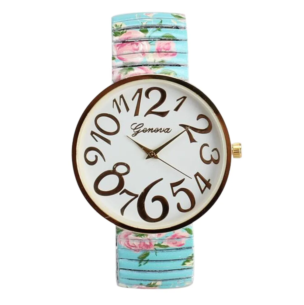 

2021 Luxury Women Flower Printed Elasticity Band Quartz Watch Ladies Fashion Digital Dial Bracelet Wristwatch relogio feminino