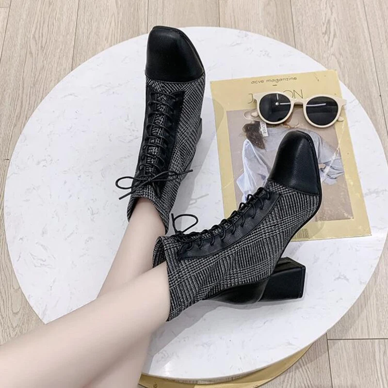 Зимние ботинки женская обувь женские Модные ботильоны с квадратным каблуком