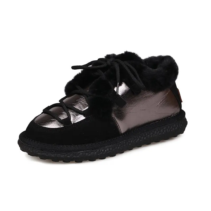 

Patent Leather Comfortable Soft Winter Shoes Plush Platform Ankle Boots Ladies Snow Boots Flat Shoes Plus Velvet Cross Tie 2021