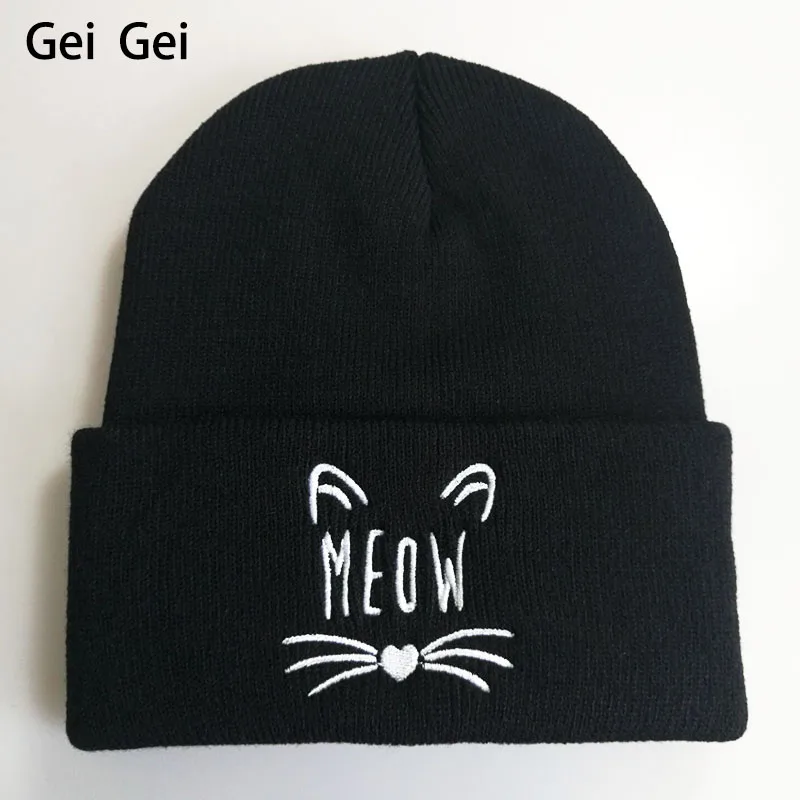 Женская зимняя Модная вязаная шапка Meow с милым котом для девочек теплая