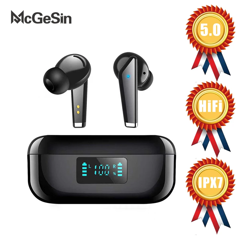 Tws наушники IPX7 Водонепроницаемая беспроводная bluetooth гарнитура светодиодный