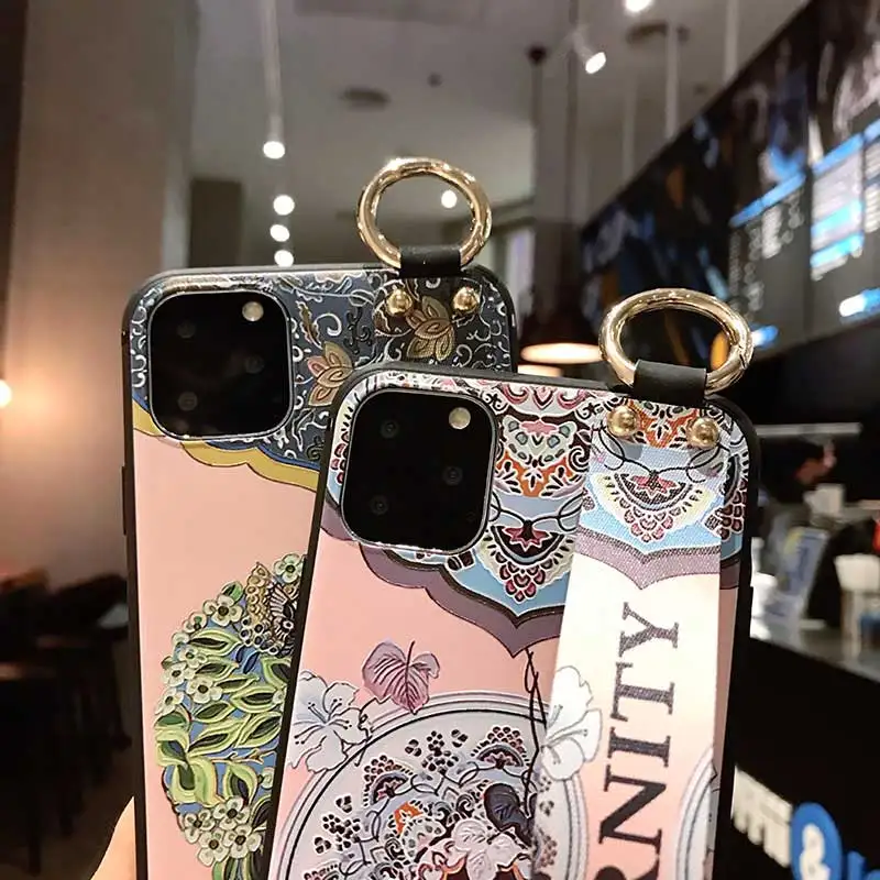 boucho vintage flower case with wrist strap for iphone 11pro xs max 11 pro max xr 7 6 6s 8 plus soft silicone phone case cover free global shipping