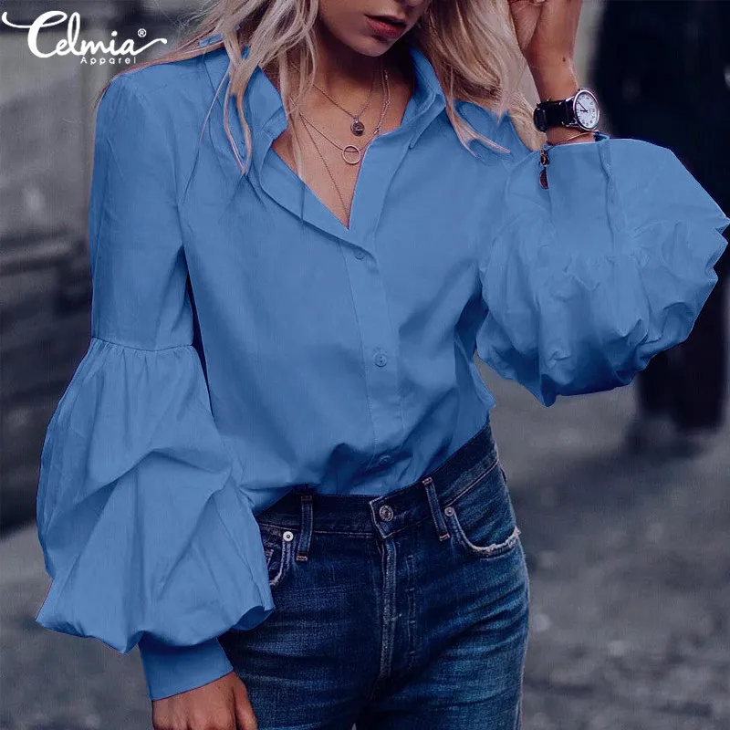 

2021 Women Elegant Blouses Celmia Long Puff Sleeve Shirts OL Turn-down Collar Loose Tops Ladies Vintage Casual Blusas