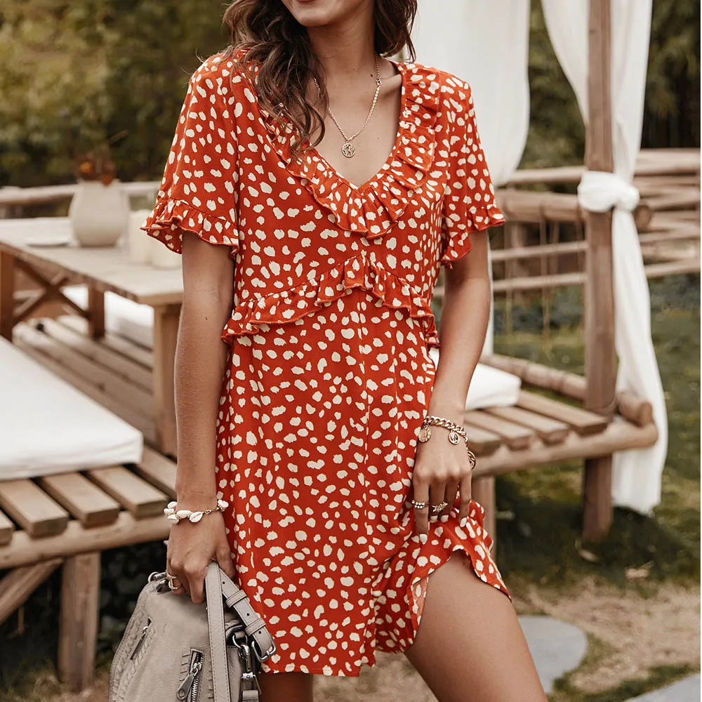 

Women V Neck Loose Romper Summer Boho Polka Dot Print Wide Legs Shorts Short Sleeve Ruffles Sweet Jumpsuits 2021 Red Playsuits