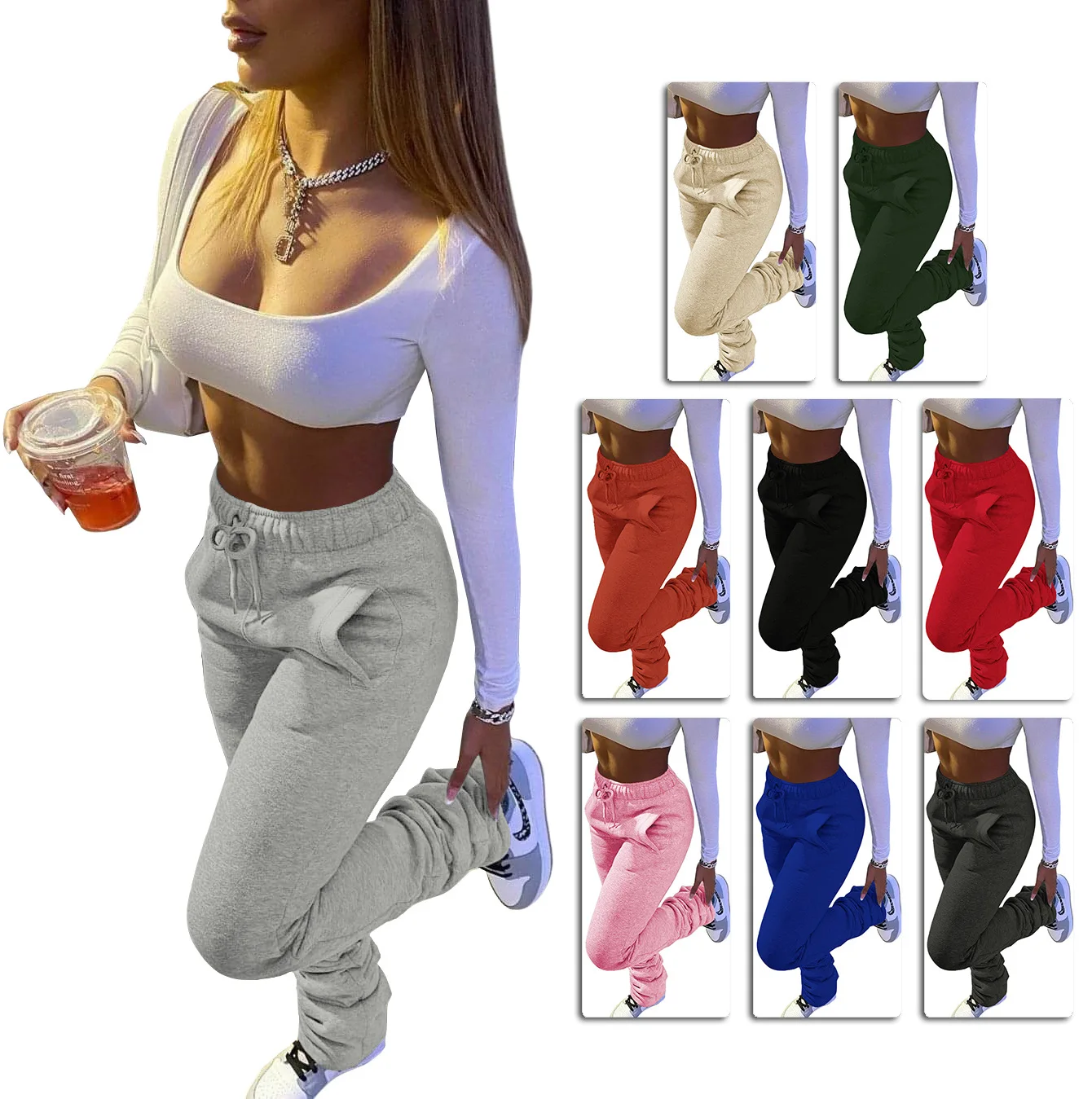 

2021 Stacked Sweatpants Women Multi-color Jogger Thicken Fleece Drawstring Sweatpants Reched Bell Bottom High Waisted Pants