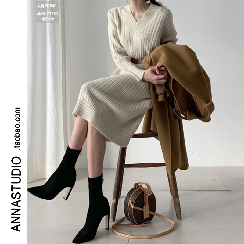 

Medium Length Over Knee Woolen Dress Small 2021 New Autumn and Winter Knitted Dress Women's Loose V-neck Base