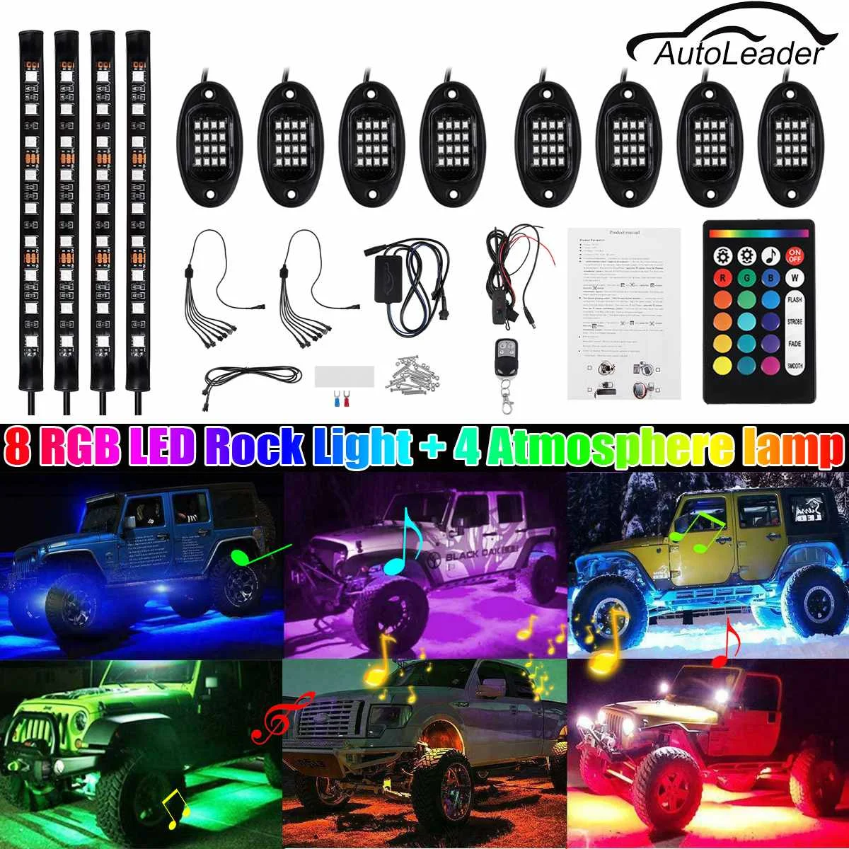 

8Pcs LED RGB Rock Light 24W Underbody Light 4Pcs LED Atmosphere lamp 12V Remote Control Wireless Rock Lamp Off-Road Truck Boat