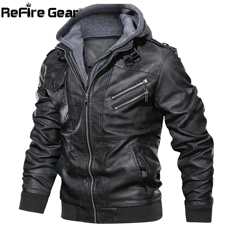 ReFire Gear PU Leather Pilot Jackets Men Winter Thick Warm Tactical Bomber Jacket Casual Soft Motorcycle Removable Hoodie Coats