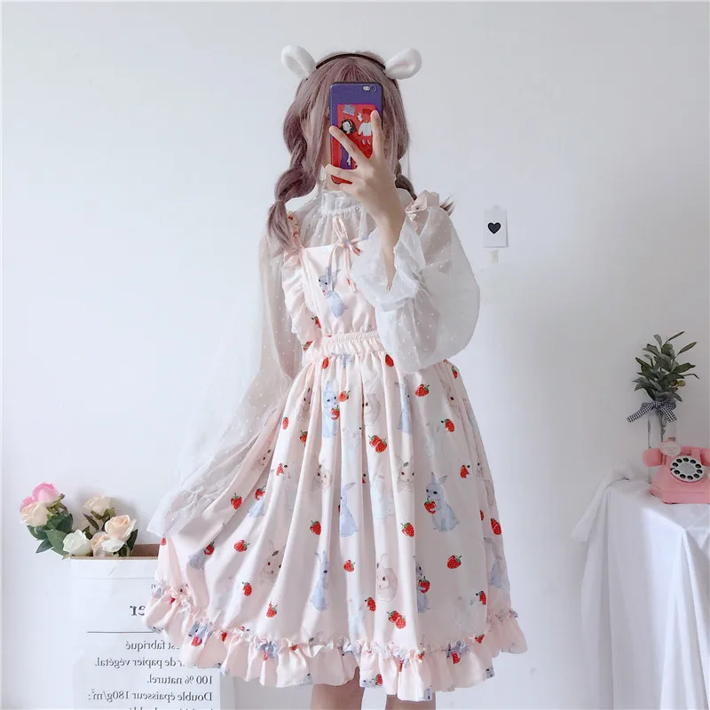 

Strawberry Rabbit Cute Strap Dress Women's Dresses Chic Lady Kawaii Ulzzang Female Ins Vintage Harajuku Dress for Women Casual