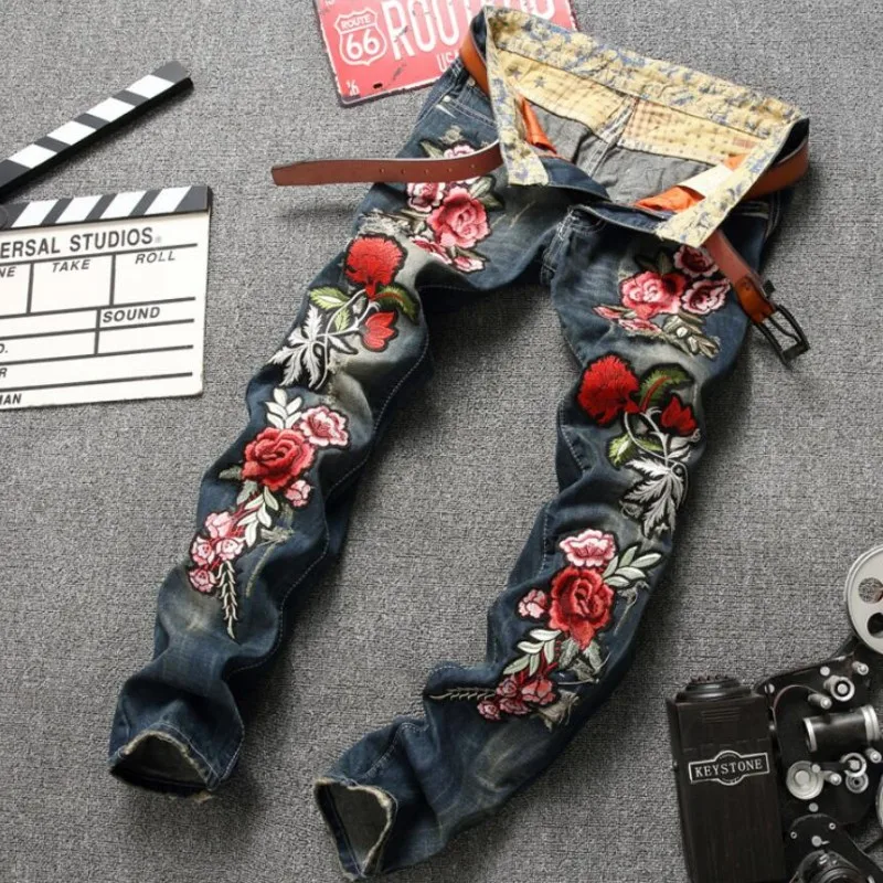 Джинсы мужские прямые с цветочным принтом модные облегающие повседневные штаны