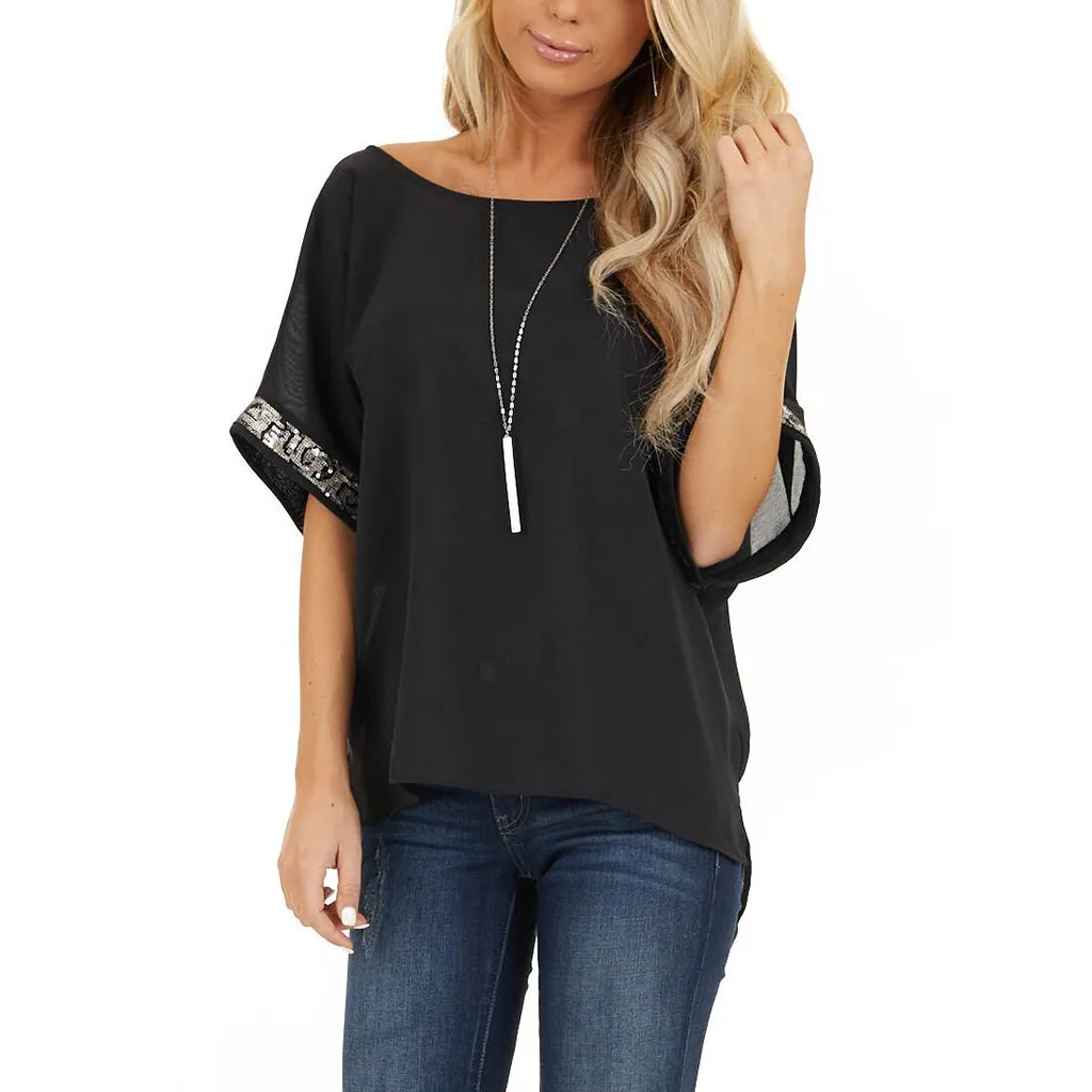 Модная Блестящая футболка с блестками Повседневная летняя Женская туника