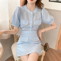 fashion sweet pearl beading two piece set women short sleeve button shirt blouse mini skirts sets ladies crop top skirt suits