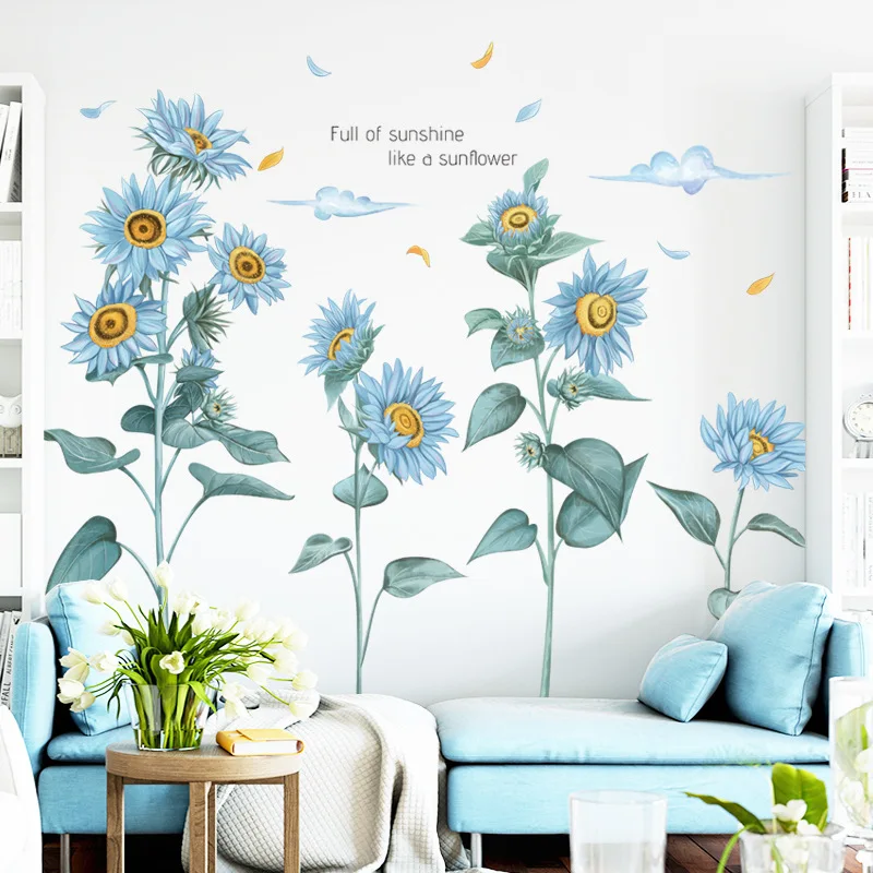 Blue Sunflower Wall stickers for Living room Bedroom Sofa Background Decor Vinyl PVC Decals Art Murals Home Decoration | Дом и сад