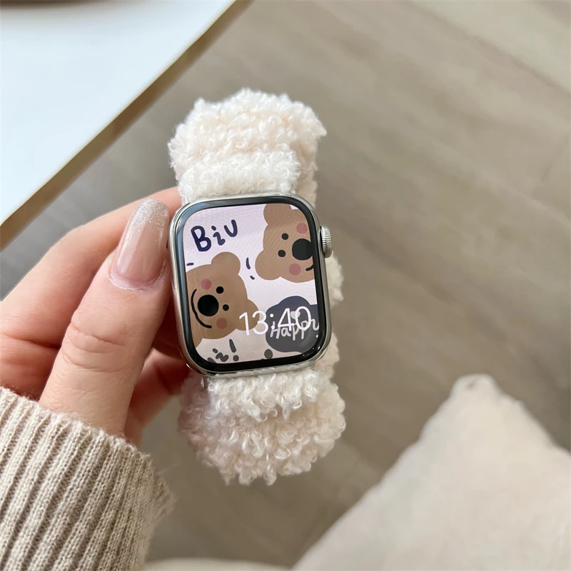Эластичный ремешок для Apple Watch Band Series 7 6 SE 5 4 3 2 1 41 мм 45 38 40 42 44 Iwatch Женский плюшевый