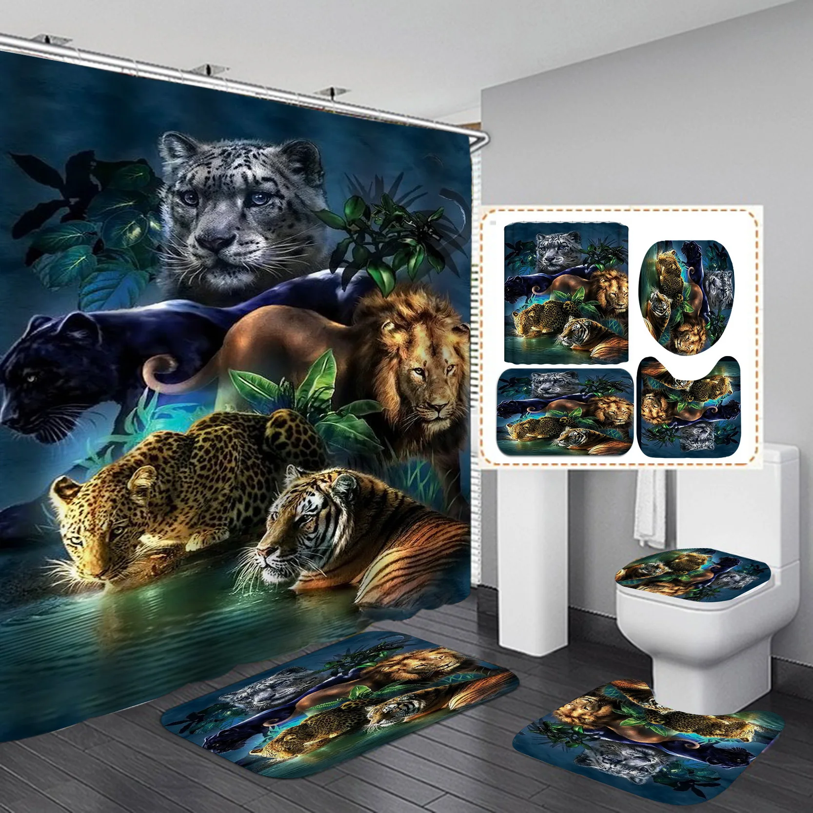 

Wolf and Tiger Print Shower Curtain 4 Piece Carpet Cover Toilet Cover Bath Mat Pad Set Bathroom Curtain 12 Hooks