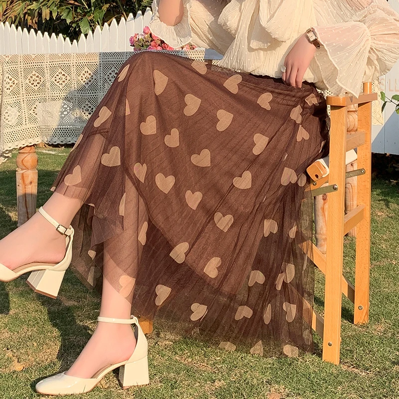 

High Waist Pleated Skirt Women 2021 New Summer Korean Love Mesh Print Skirt Vintage Long Pleated Yarn Woman Skirts A-line Skirt