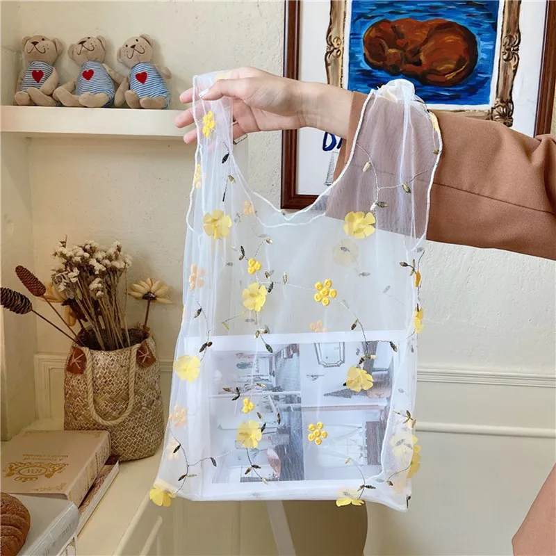 

Casual Tote Mesh Shopping Bags Woman Handbags reusable eco Storage Bags Female Flower Embroidery Hand Bag Organza bag