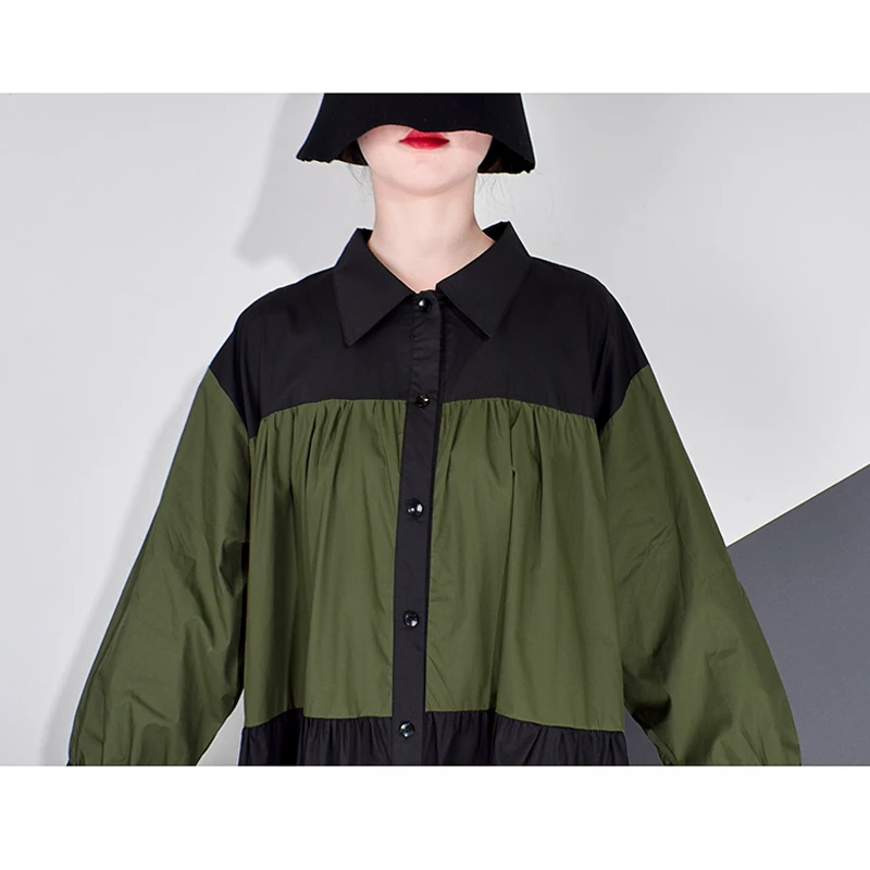 

XITAO Draped Casual Dress Women Patchwork Trendy Fashion New Style Turn Down Collar Long Sleeve Single Breasted Loose ZP3455